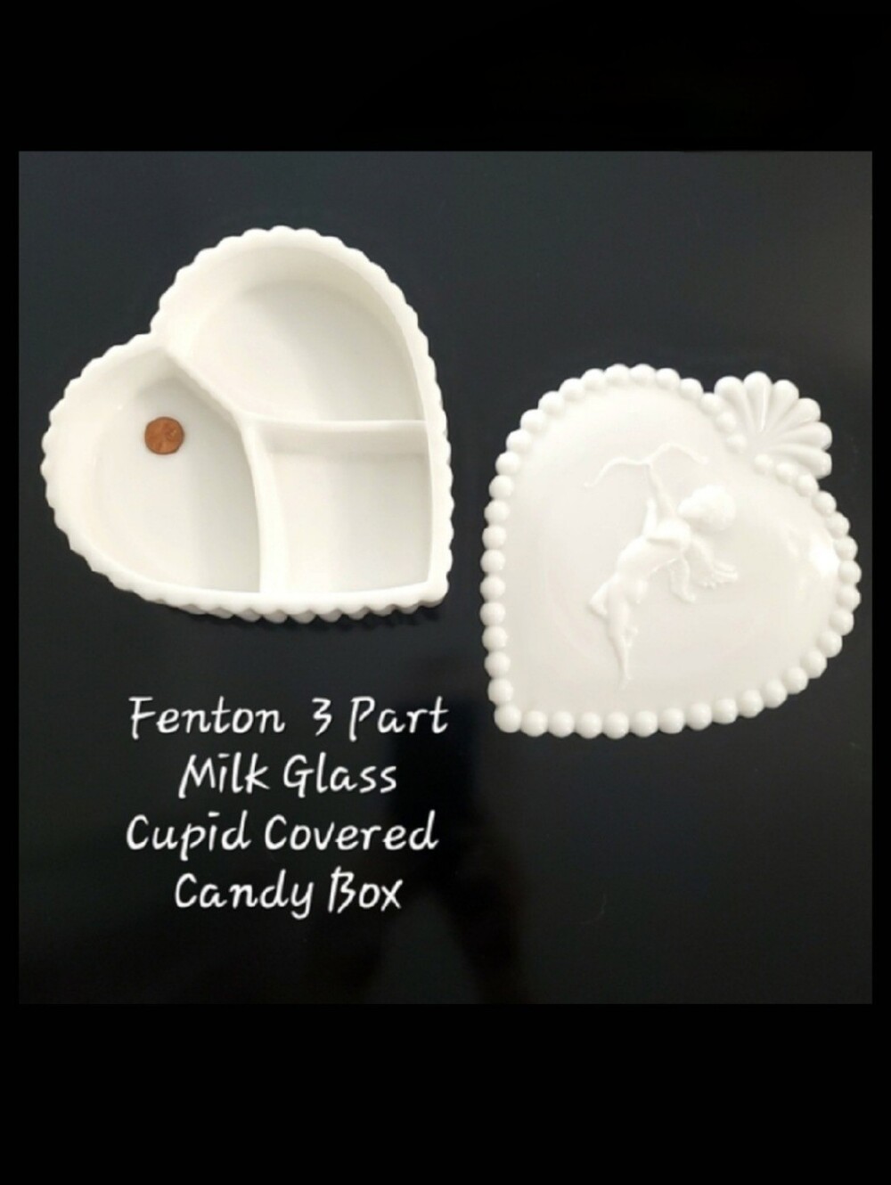 9" Fenton Milk Glass Heart Shaped Cupid Angel Cherub Candy Box